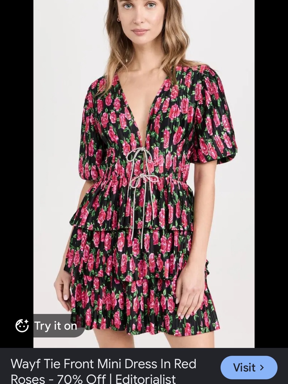 WAYF Red Roses Pleated Mini Dress Floral Tiered Puff Sleeve Size M - Picture 7 of 7